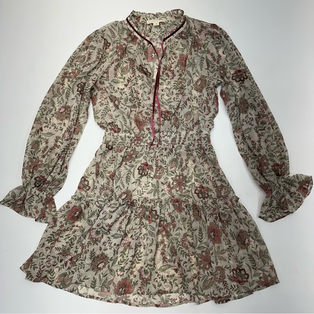 Lovestitch Floral Paisley Satin Smocked Ruffled Mock V Neck Dress Womens Size M